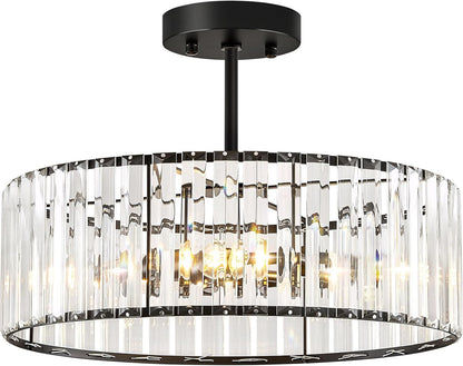 Crystal Black Ceiling Light, Modern Semi Flush Mount Ceiling Lighting Fixture, round Hallway Lighting Fixtures Chandelier for Kitchen Entryway Bedroom Dining Room, 3-Light, 12.2 Inch