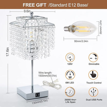 Crystal Touch Lamp – Gold, USB, 3-Way Dimmer