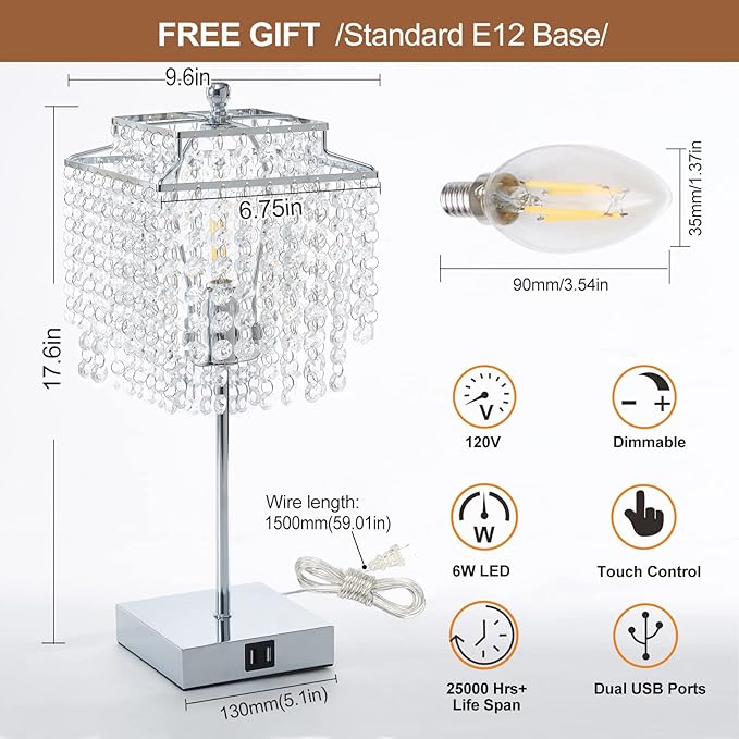 Crystal Touch Lamp – Gold, USB, 3-Way Dimmer