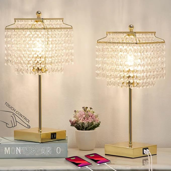 Crystal Touch Lamp – Gold, USB, 3-Way Dimmer