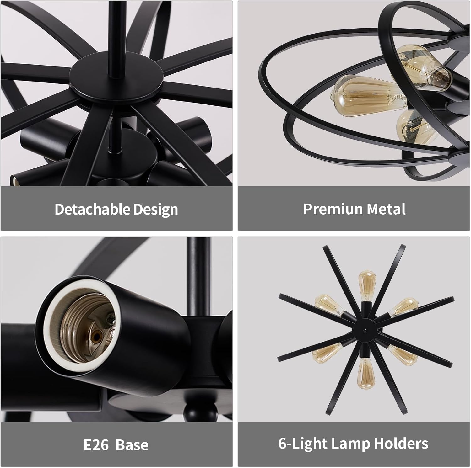 25" 6-Light Black Farmhouse Semi Flush Mount Chandelier