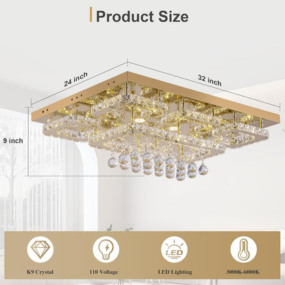 Gold 32" Rectangular Crystal LED Chandelier