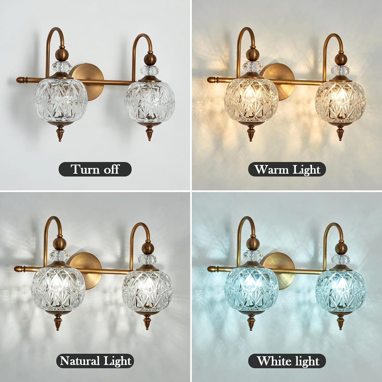 2-Light Gold Vintage Glass Globe Bathroom Vanity Light