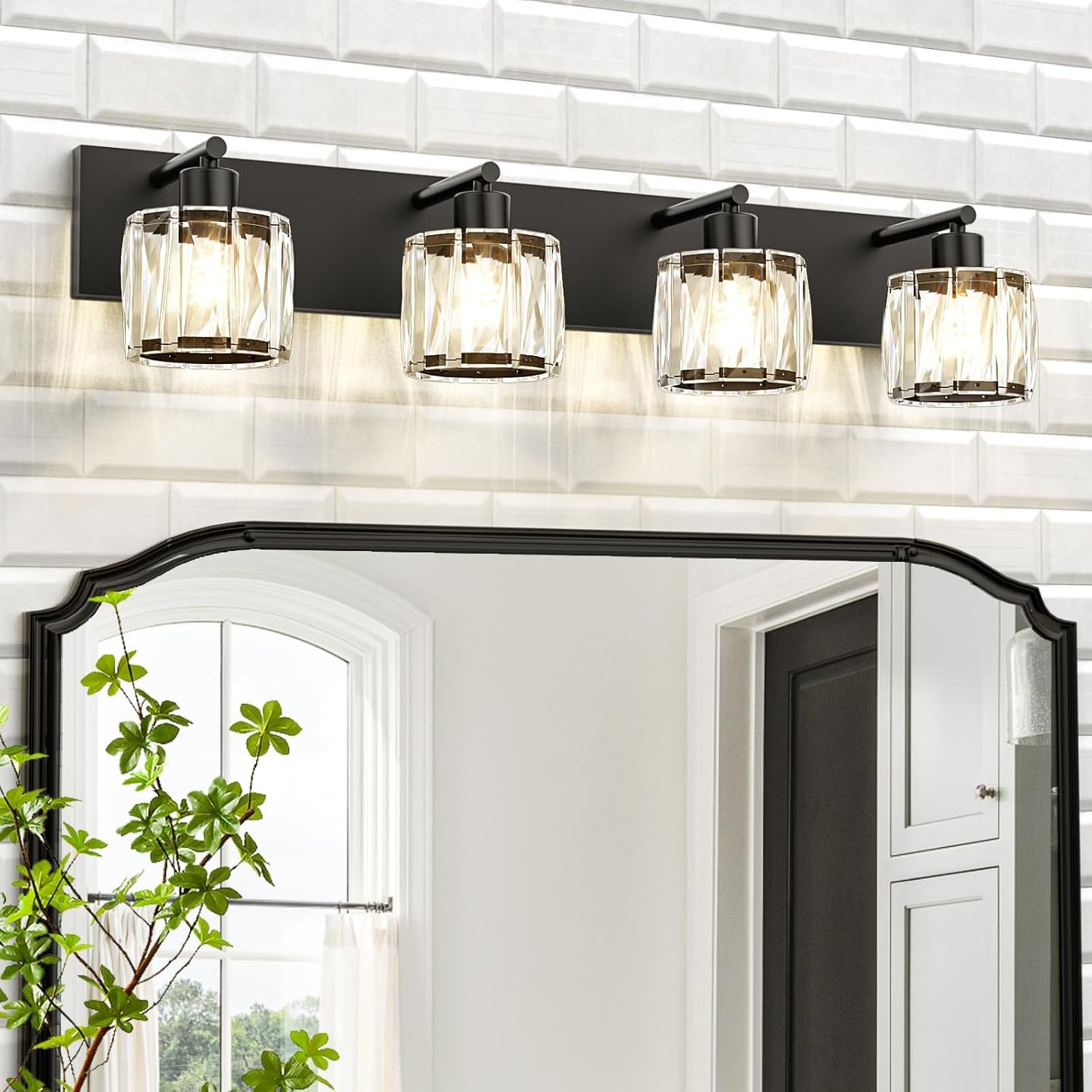 4-Light Matte Black Crystal Bathroom Vanity Light