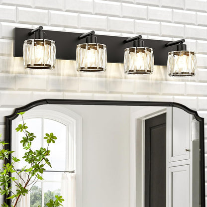 4-Light Matte Black Crystal Bathroom Vanity Light