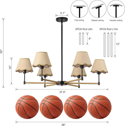 6-Light Boho Rattan Chandelier – Black Pendant