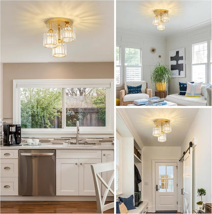 3-Light Modern Crystal Semi Flush Mount Ceiling Light – Gold Finish