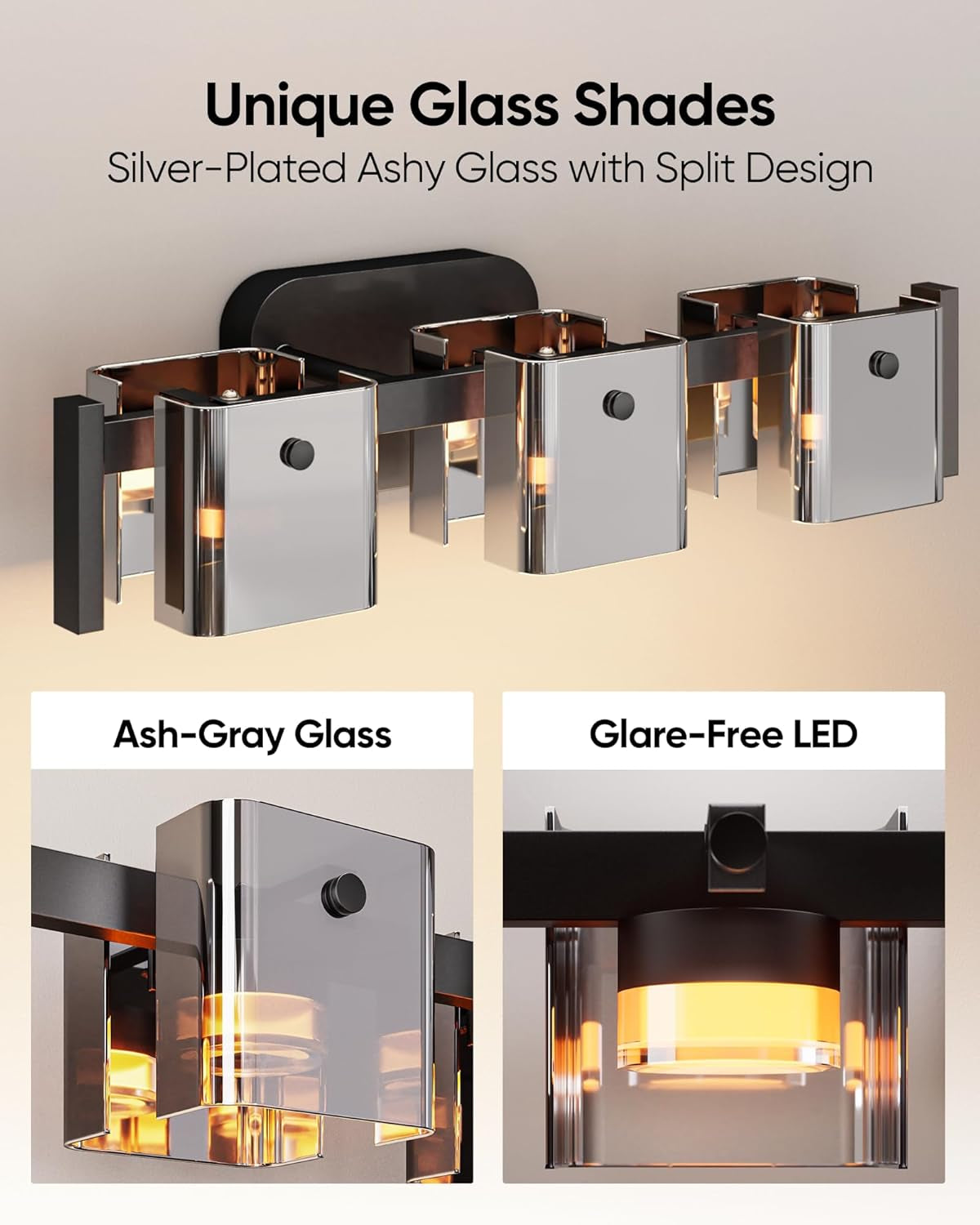 3-Light Modern LED Bathroom Vanity Light, Ash Gray