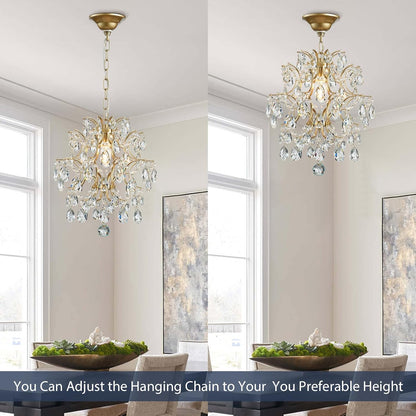 Gold Modern Pendant Chandelier Crystal Raindrop Lighting Ceiling Light Fixture Lamp for Dining Room Bathroom Bedroom Livingroom Entryway 1 E26 Bulbs Required D13 in X H16 In