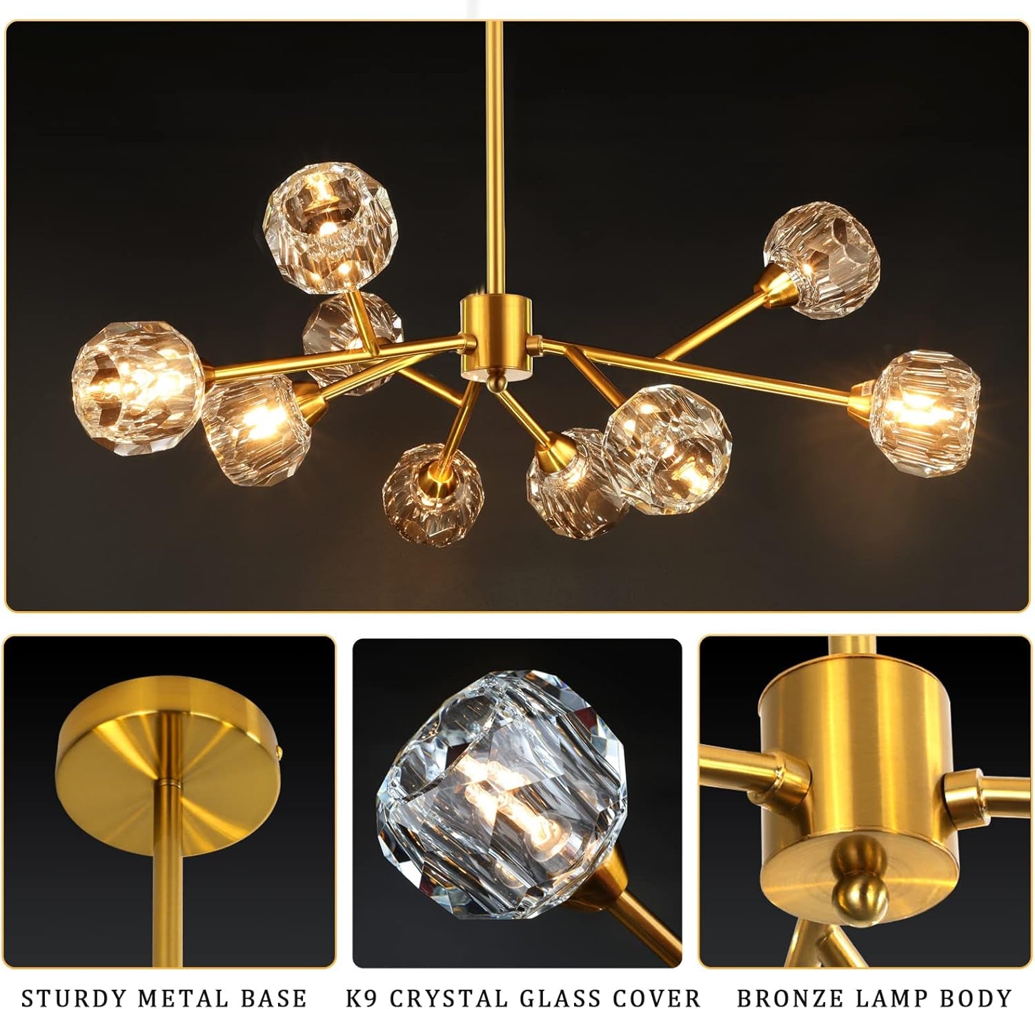 9-Light Gold Sputnik Crystal Chandelier