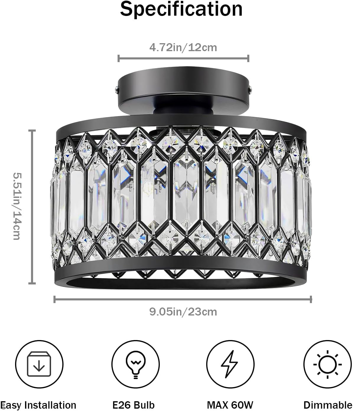 9" Crystal Semi Flush Mount Ceiling Light