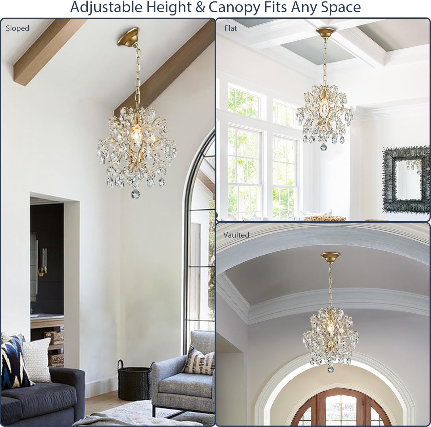 Gold Modern Pendant Chandelier Crystal Raindrop Lighting Ceiling Light Fixture Lamp for Dining Room Bathroom Bedroom Livingroom Entryway 1 E26 Bulbs Required D13 in X H16 In