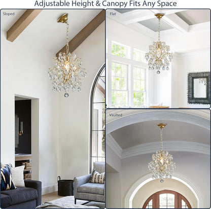 Gold Modern Pendant Chandelier Crystal Raindrop Lighting Ceiling Light Fixture Lamp for Dining Room Bathroom Bedroom Livingroom Entryway 1 E26 Bulbs Required D13 in X H16 In