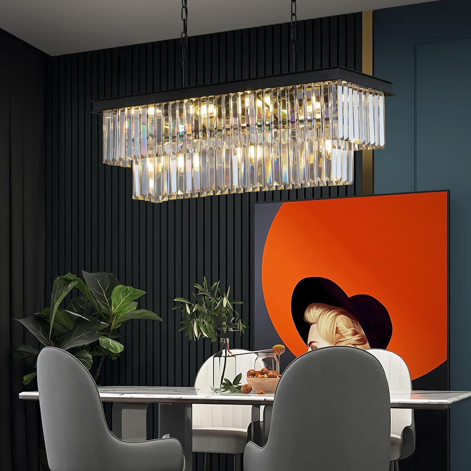 11-Light Black Crystal Rectangle Pendant Chandelier