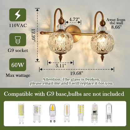 2-Light Gold Vintage Glass Globe Bathroom Vanity Light