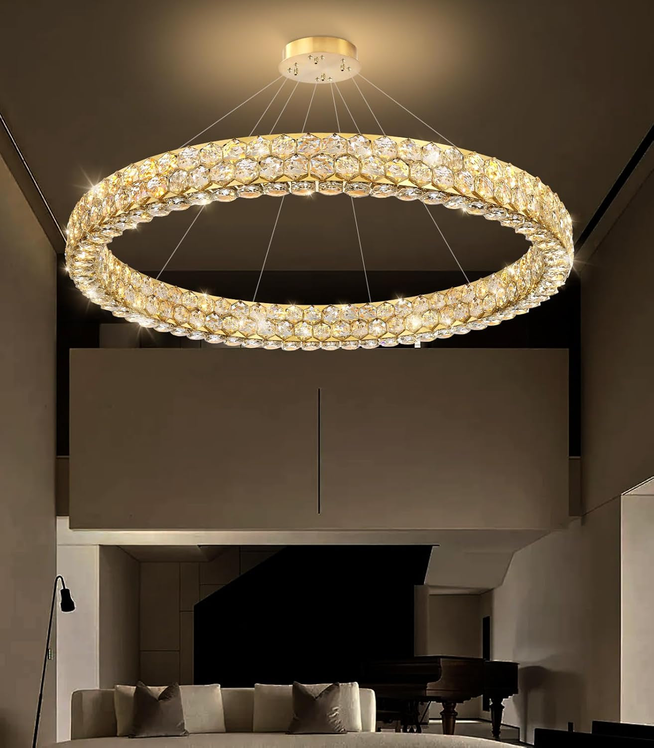 Modern 2-Ring Gold Crystal LED Chandelier