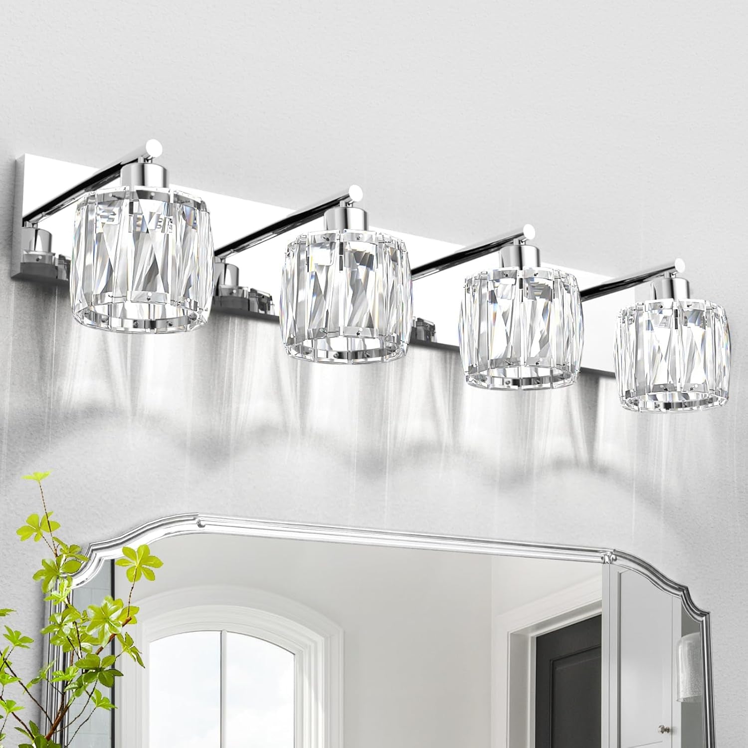 4-Light Matte Black Crystal Bathroom Vanity Light