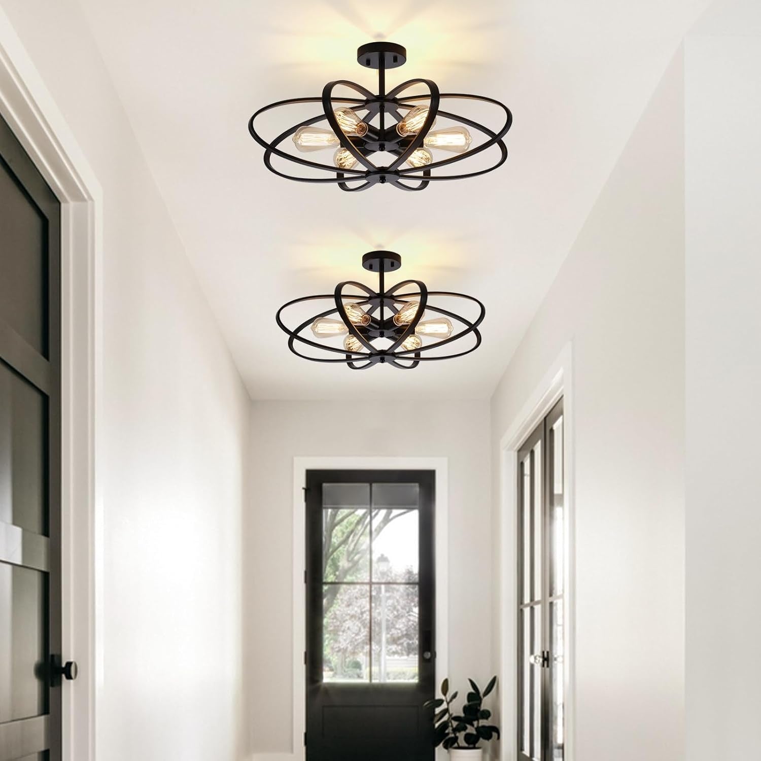 25" 6-Light Black Farmhouse Semi Flush Mount Chandelier