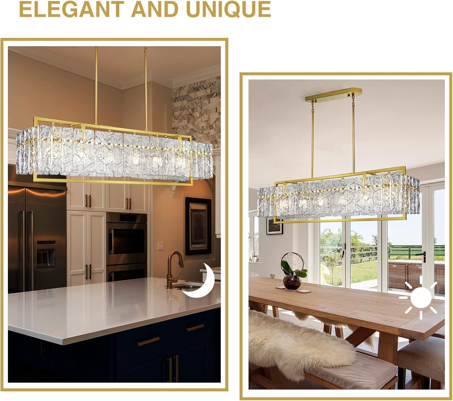 Modern Rectangle Gold Crystal Chandeliers for Dining Room, 42" Large Rectangular Water Ripple Glass Island Light Fixture, Elegant Linear Lighting for Kitchen Island, Living Room, L42 X W11 X H12