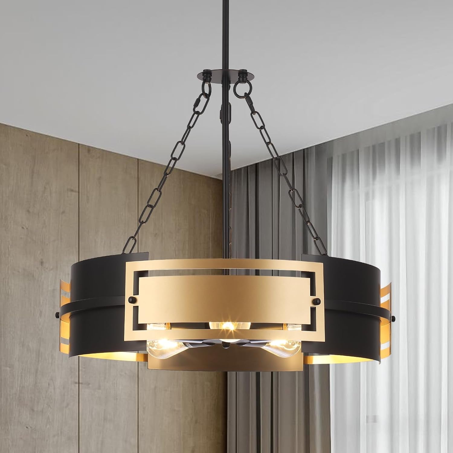 Black & Gold Drum Chandelier – 5-Light Pendant