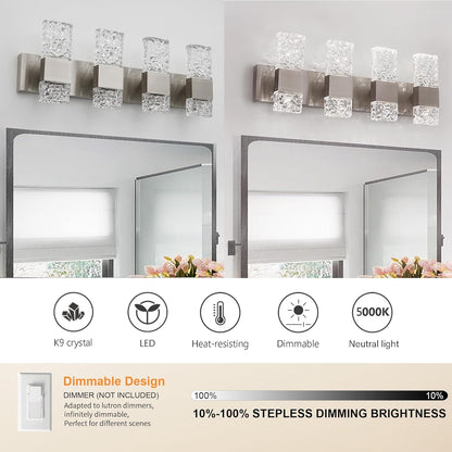 4-Light Brushed Nickel Crystal LED Bathroom Vanity Light