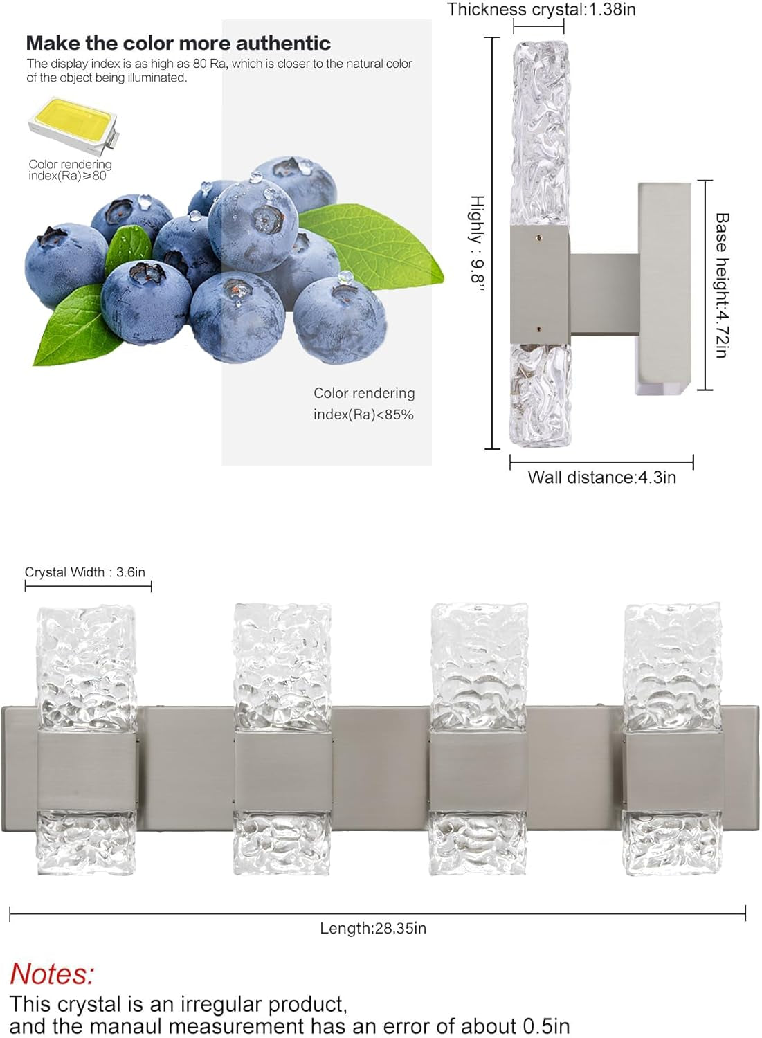 4-Light Brushed Nickel Crystal LED Bathroom Vanity Light
