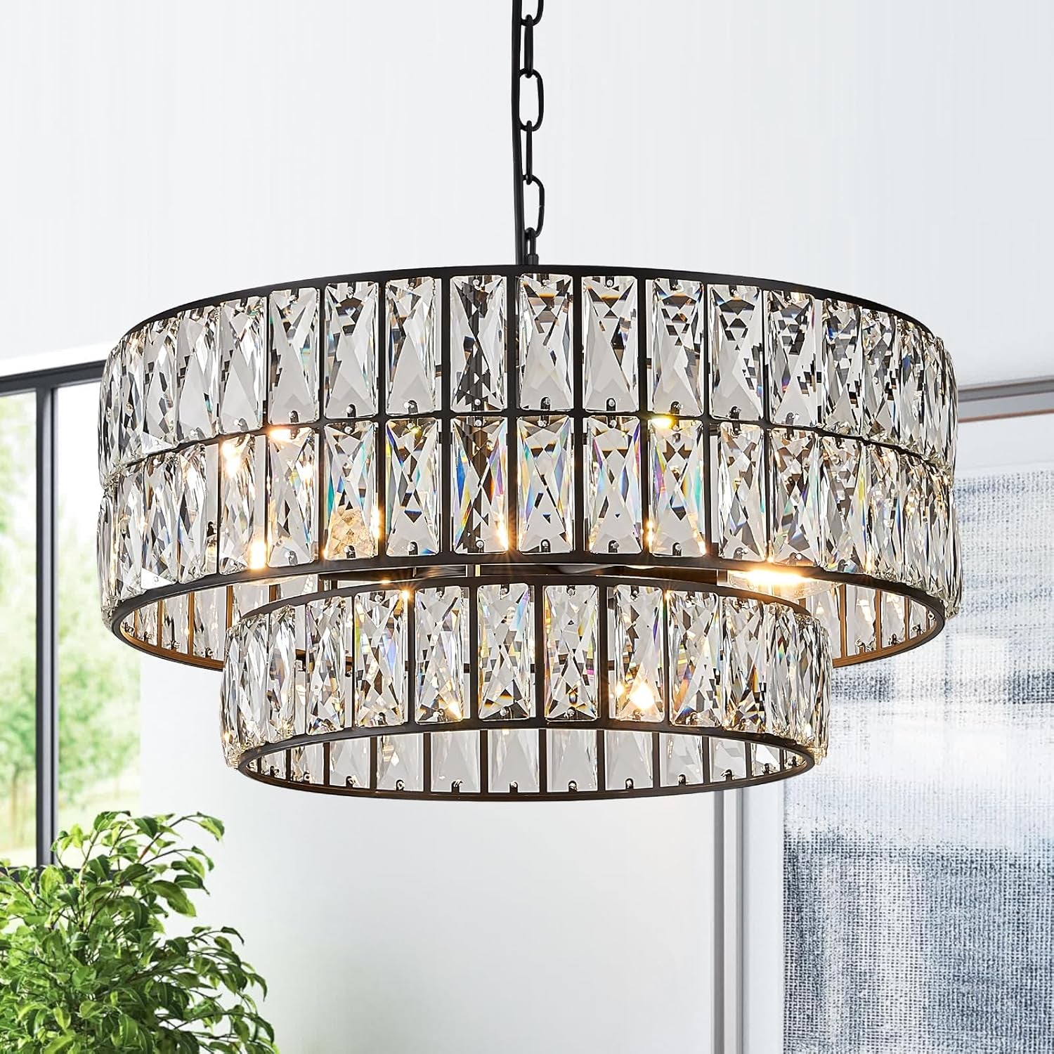 20" Black Crystal Drum Chandelier – 6-Light Semi Flush Mount