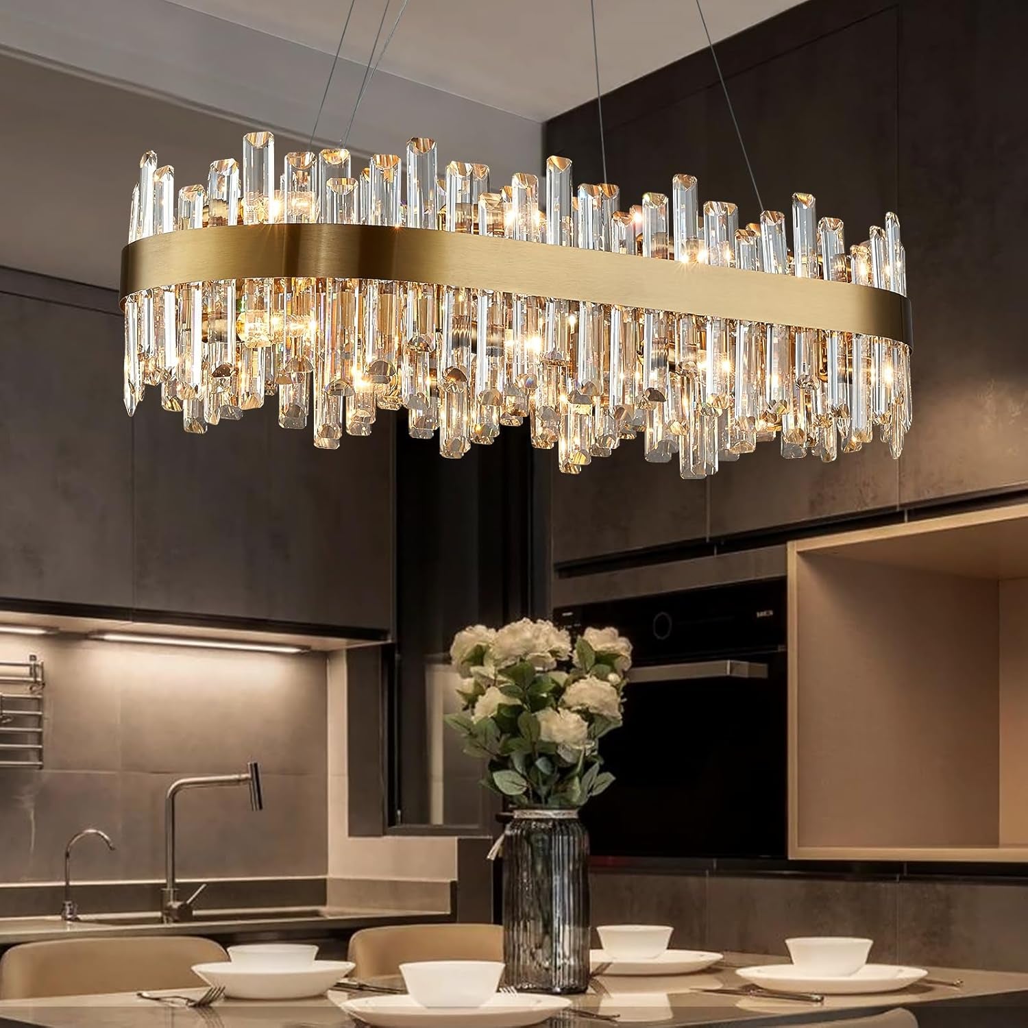 Gold 2-Tier Rectangular Crystal Chandelier 16L