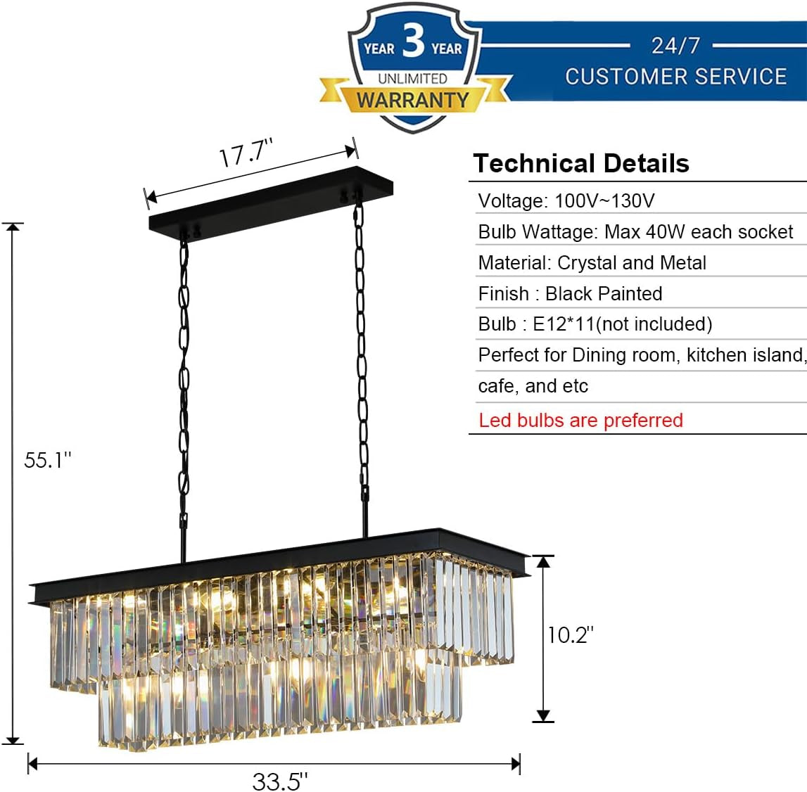 11-Light Black Crystal Rectangle Pendant Chandelier