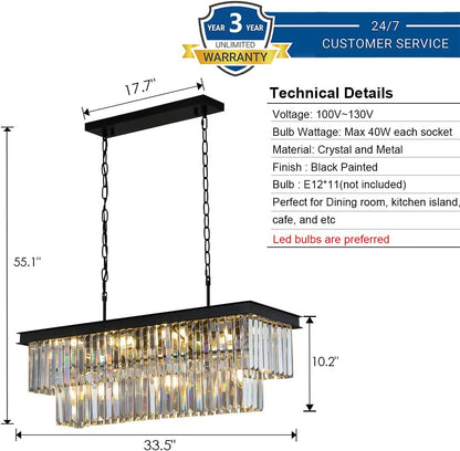 11-Light Black Crystal Rectangle Pendant Chandelier