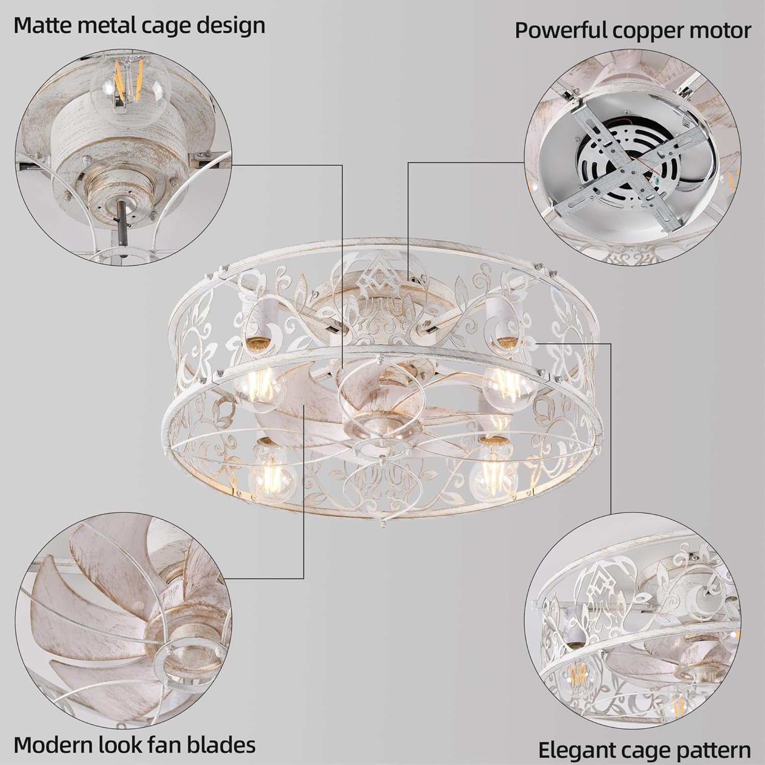 20" Caged Ceiling Fan with Light – White Gold Finish
