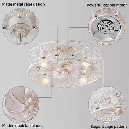 20" Caged Ceiling Fan with Light – White Gold Finish