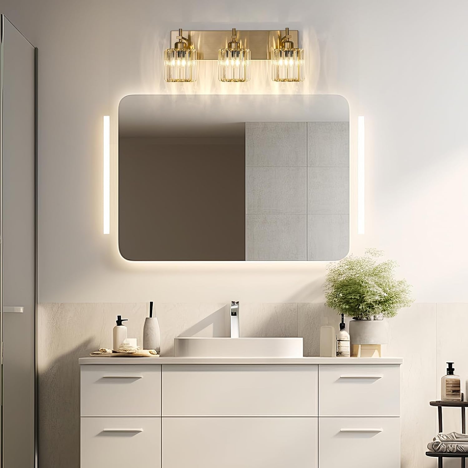 Gold Modern 3-Light Crystal Bathroom Vanity Light