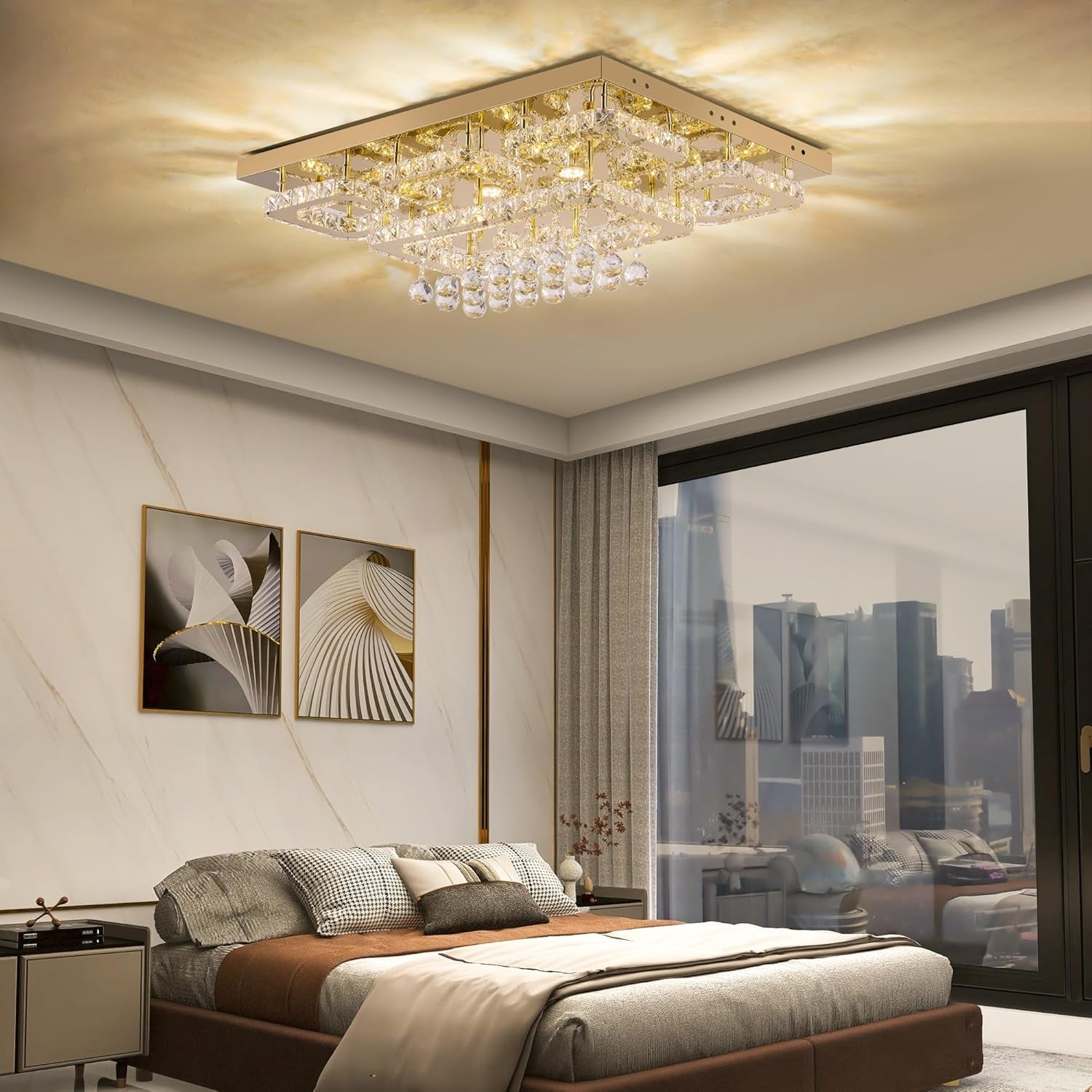 Gold 32" Rectangular Crystal LED Chandelier