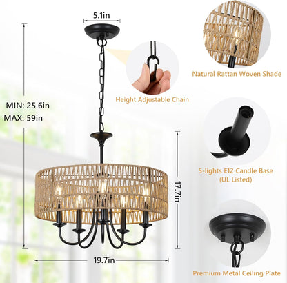 5-Light Rattan Chandelier – Boho Farmhouse Style