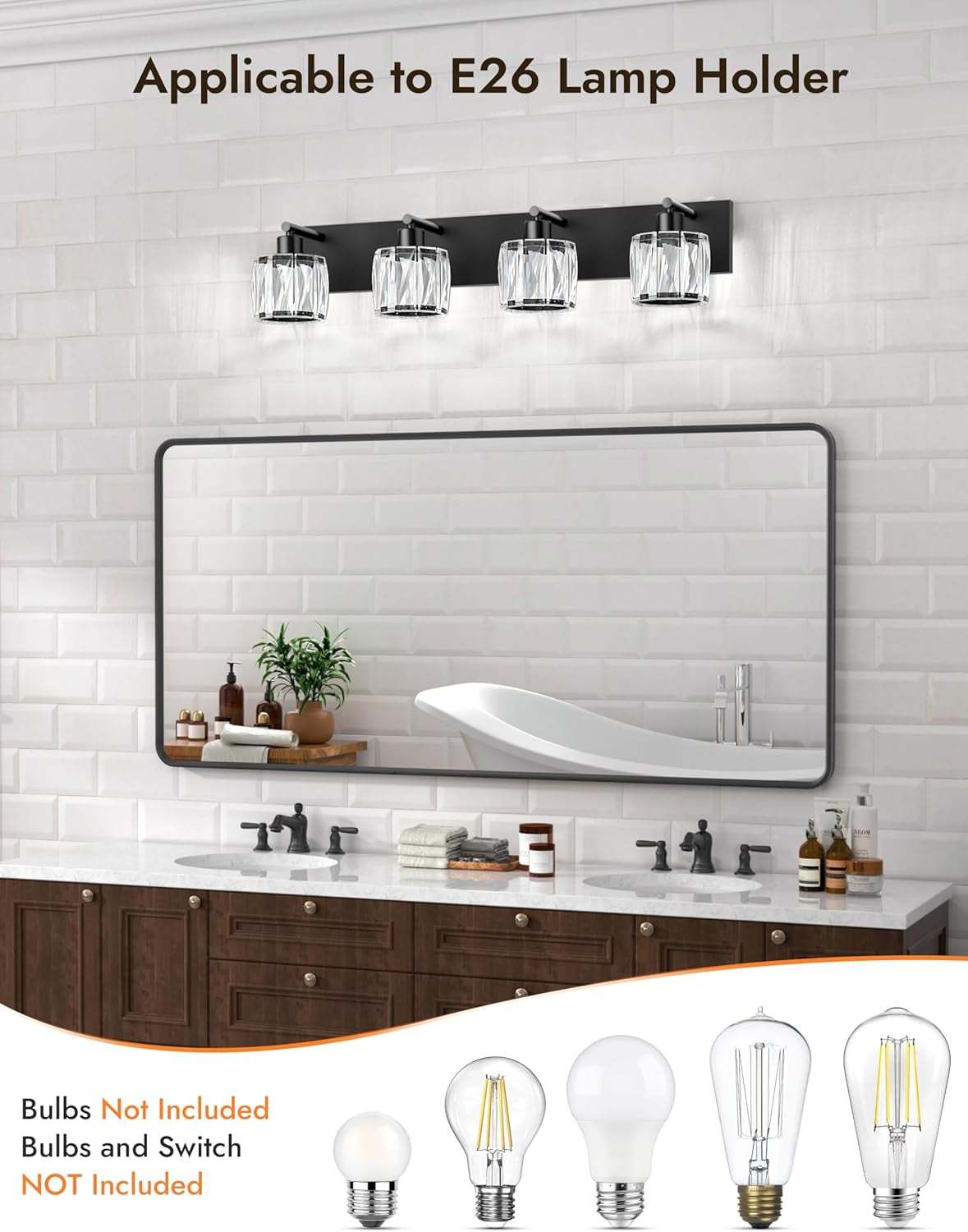 4-Light Matte Black Crystal Bathroom Vanity Light