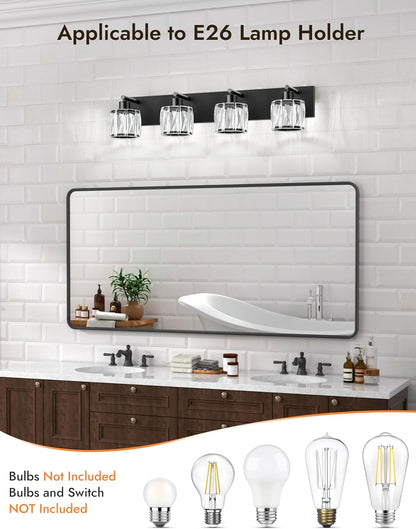 4-Light Matte Black Crystal Bathroom Vanity Light