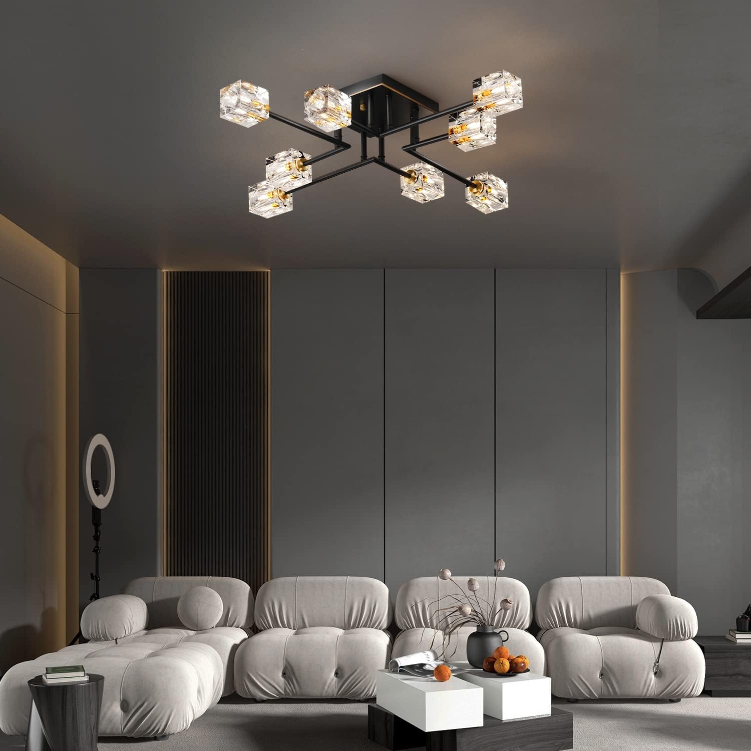 8-Light Crystal Ceiling Light – Black & Gold