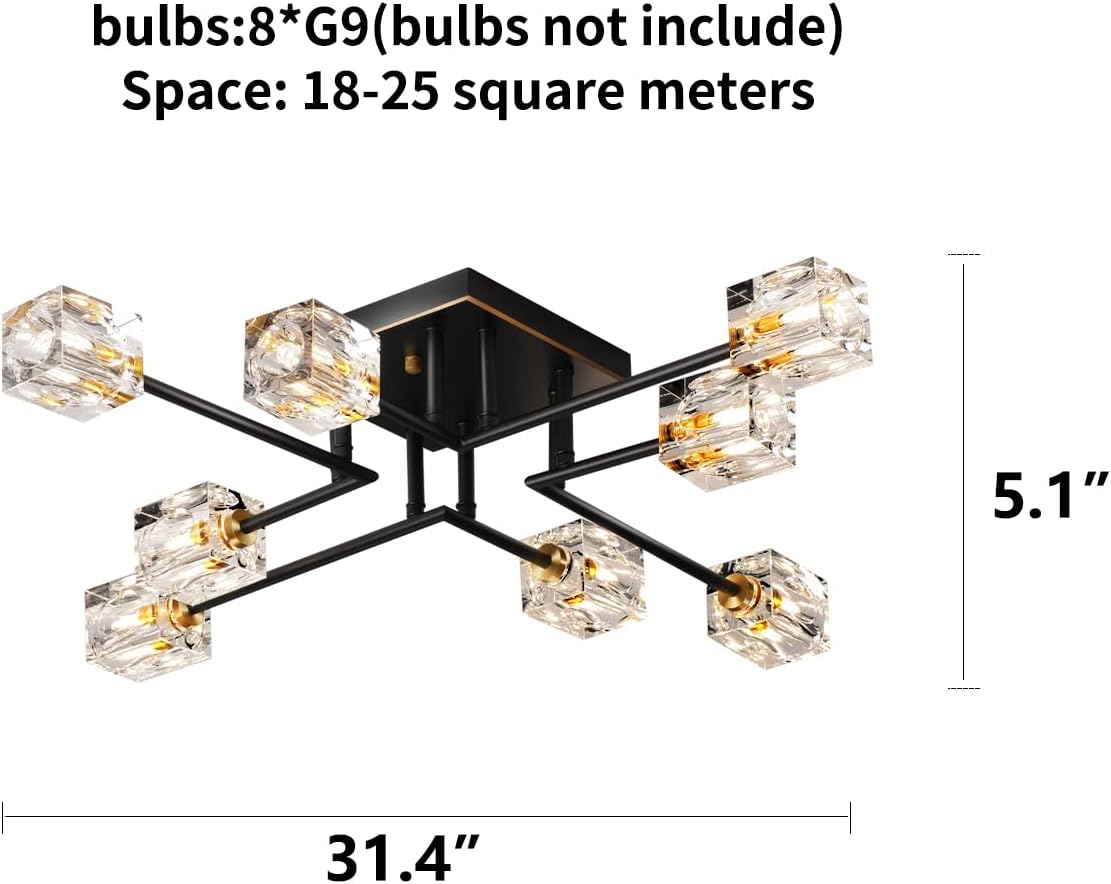 8-Light Crystal Ceiling Light – Black & Gold
