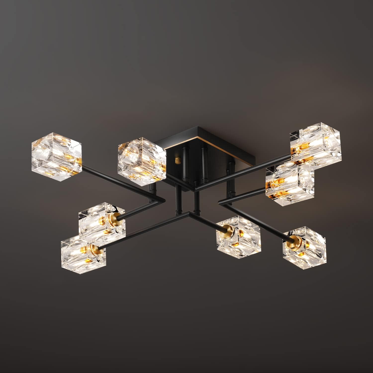 8-Light Crystal Ceiling Light – Black & Gold
