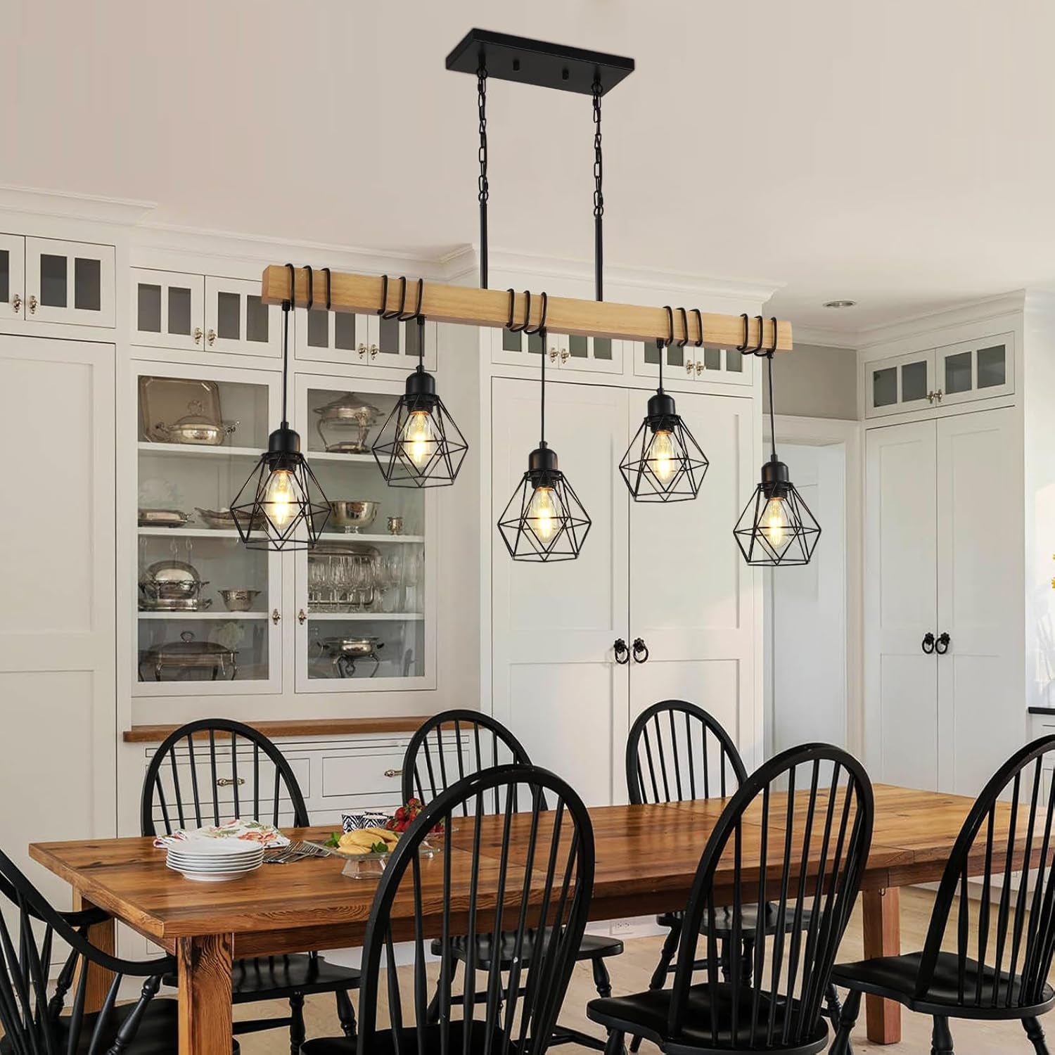 5-Light Farmhouse Chandelier – Wood & Black Frame