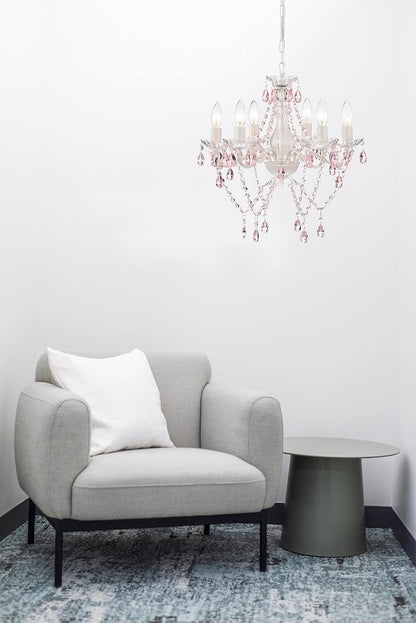 White & Pink Crystal Candle Chandelier – 6-Light