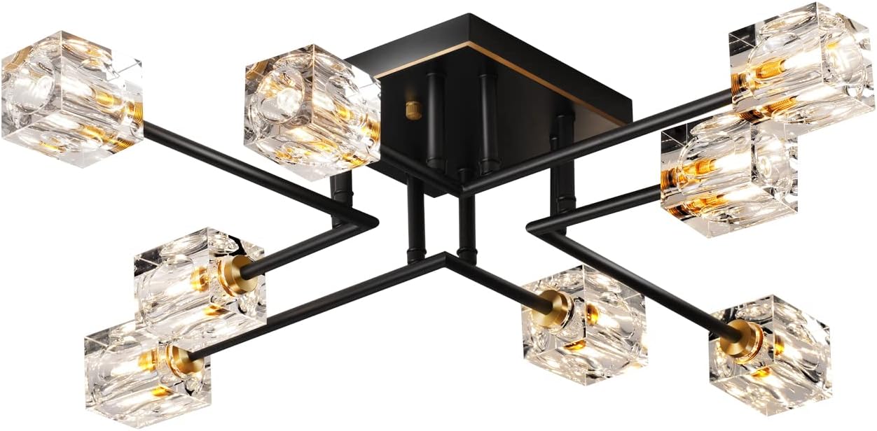 8-Light Crystal Ceiling Light – Black & Gold