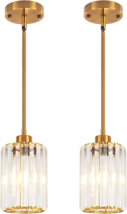 2-Pack Vintage Pendant Lights – Brass Finish with Clear Striped Glass