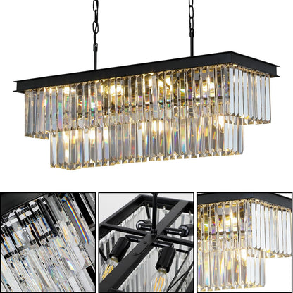 11-Light Black Crystal Rectangle Pendant Chandelier