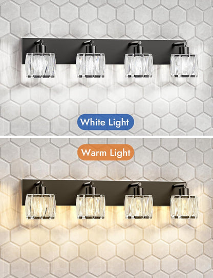 4-Light Matte Black Crystal Bathroom Vanity Light