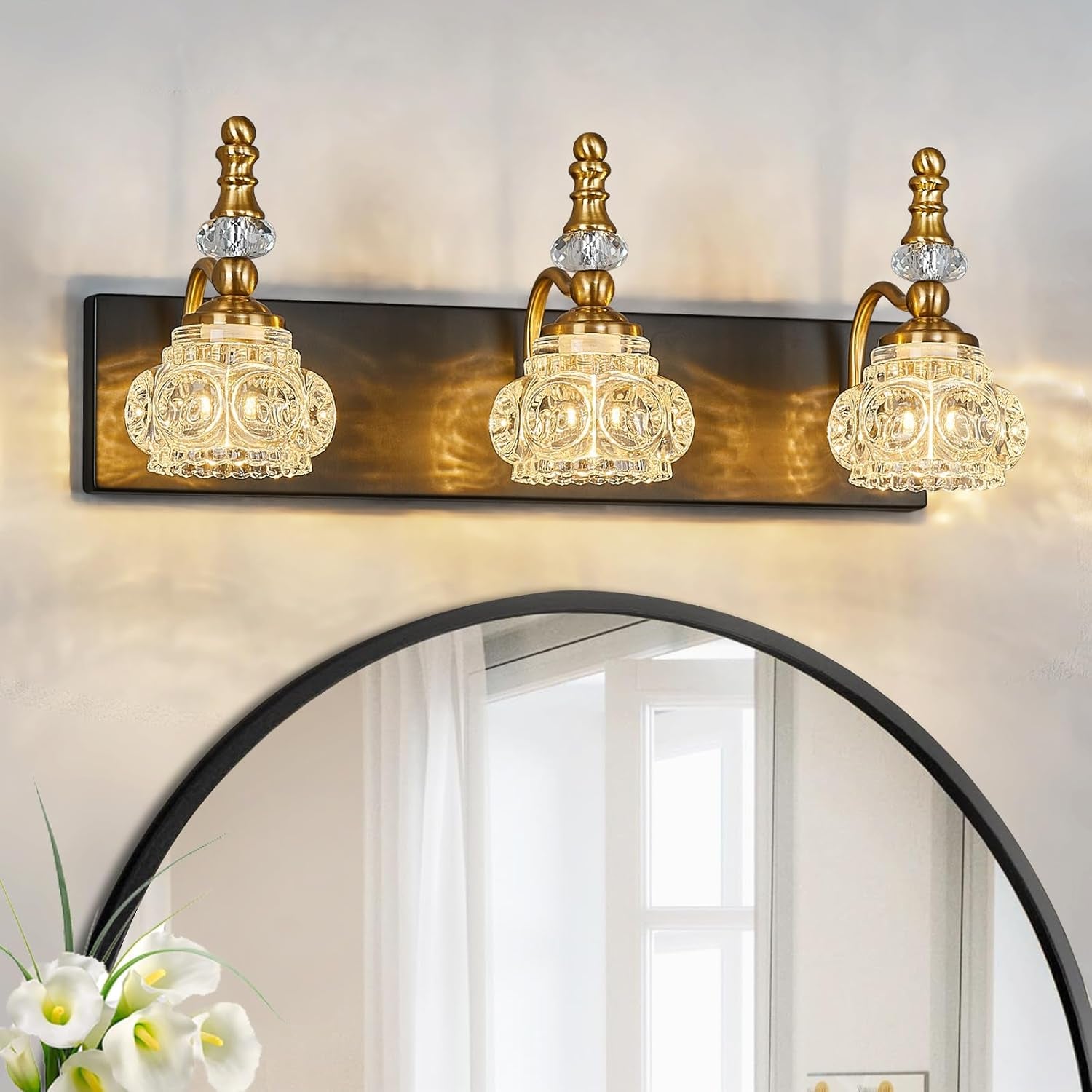 3-Light Black Crystal Bathroom Vanity Light