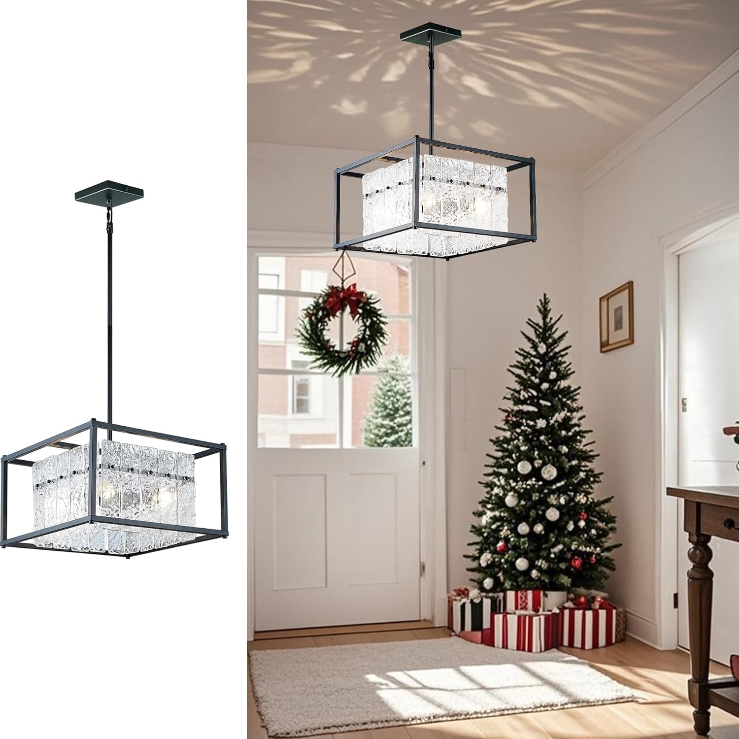 Modern Rectangle Gold Crystal Chandeliers for Dining Room, 42" Large Rectangular Water Ripple Glass Island Light Fixture, Elegant Linear Lighting for Kitchen Island, Living Room, L42 X W11 X H12