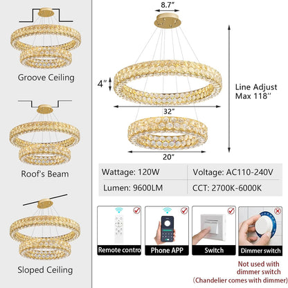 Modern 2-Ring Gold Crystal LED Chandelier