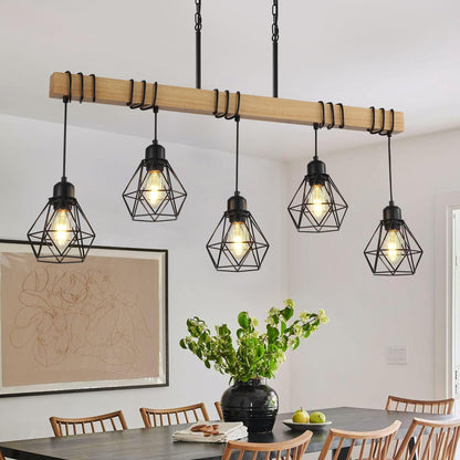 5-Light Farmhouse Chandelier – Wood & Black Frame